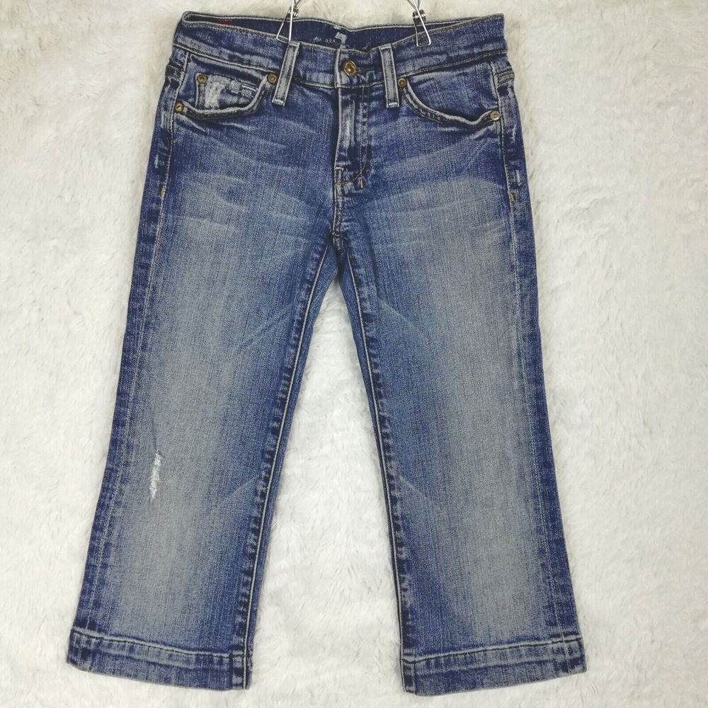 7‎ For All Mankind Womens Jeans Dojo Crop Flare Denim Blue Distressed Stone 26